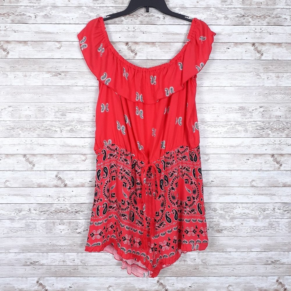 Venus Off Shoulder Romper L Red Paisley Drawstring Waist 213